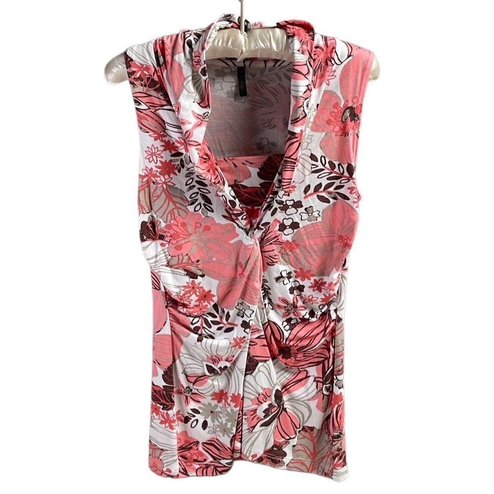 NUE OPTIONS Ladies Sleeveless Floral Blouse, Size M, Coral Pink and Brown Floral